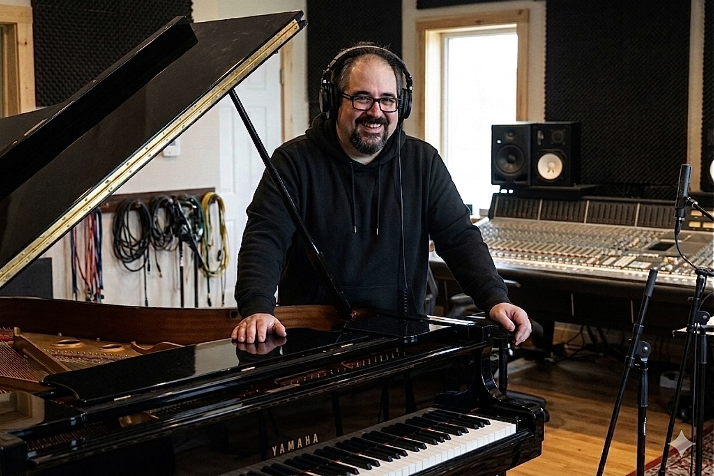 Jim Reilley in a recording studio at a Yamaha grand piano